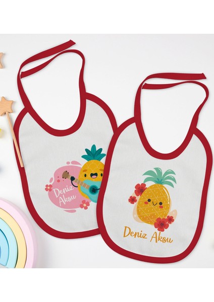 Kids Kişiye Özel Sevimli Ananas Tasarımlı 2’li Kırmızı Mama Önlüğü-1