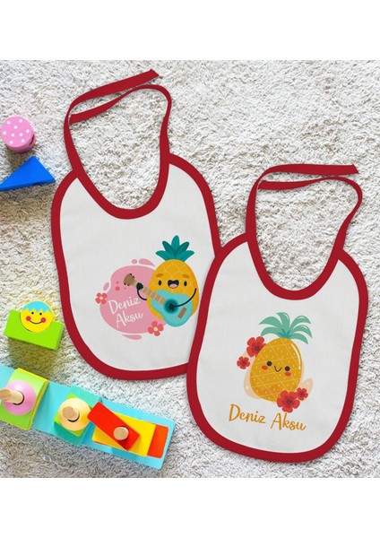 Kids Kişiye Özel Sevimli Ananas Tasarımlı 2’li Kırmızı Mama Önlüğü-1 fiyatları