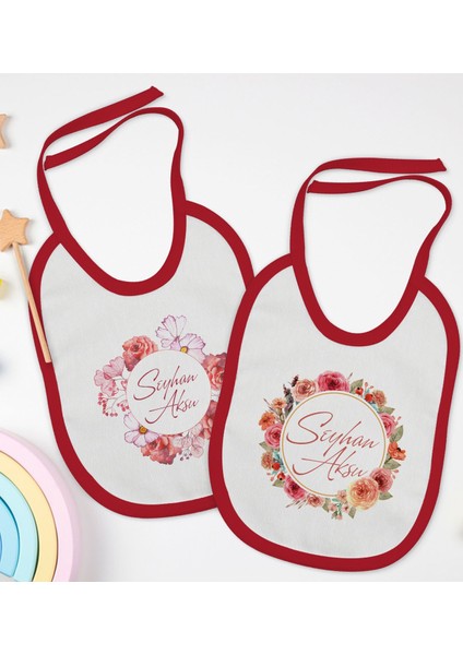 Kids Kişiye Özel Çiçek Tasarımlı 2’li Kırmızı Mama Önlüğü-2