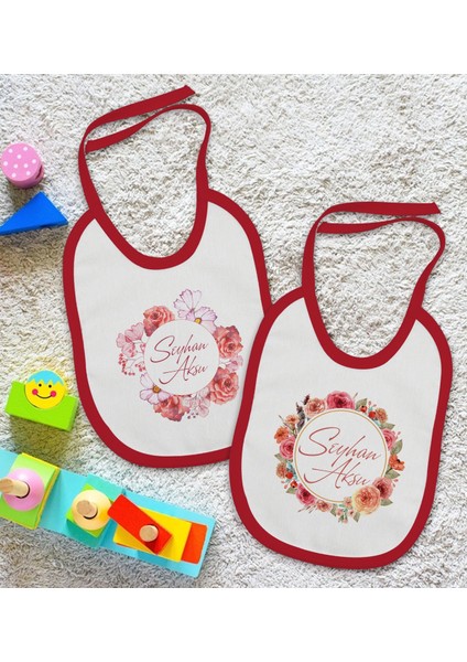 Kids Kişiye Özel Çiçek Tasarımlı 2’li Kırmızı Mama Önlüğü-2 fiyatları