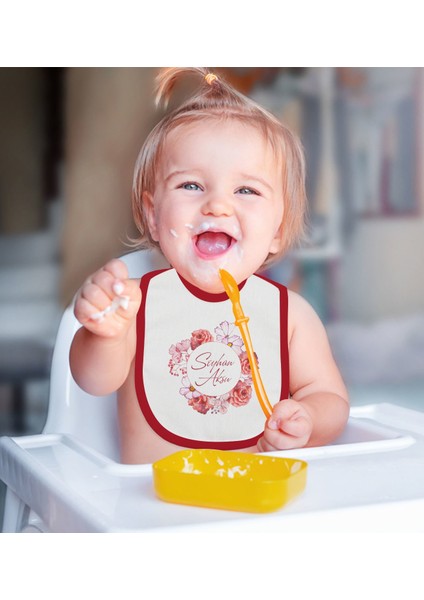 Kids Kişiye Özel Çiçek Tasarımlı 2’li Kırmızı Mama Önlüğü-2 modelleri