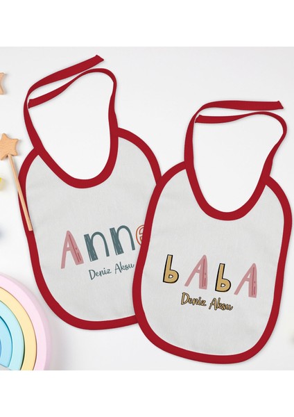 Kids Kişiye Özel Anne ve Baba Tasarımlı 2’li Kırmızı Mama Önlüğü-4