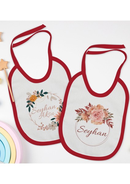Kids Kişiye Özel Çiçek Tasarımlı 2’li Kırmızı Mama Önlüğü-3