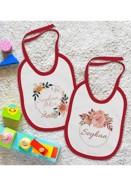 Kids Kişiye Özel Çiçek Tasarımlı 2’li Kırmızı Mama Önlüğü-3 fiyatları