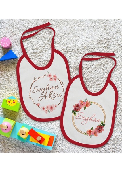 Kids Kişiye Özel Çiçek Tasarımlı 2’li Kırmızı Mama Önlüğü-8 fiyatları