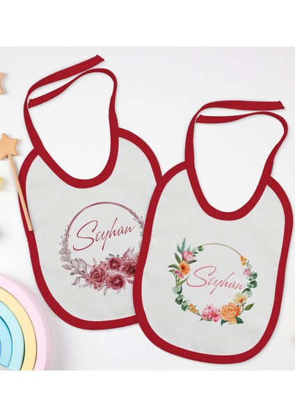 Kids Kişiye Özel Çiçek Tasarımlı 2’li Kırmızı Mama Önlüğü-1