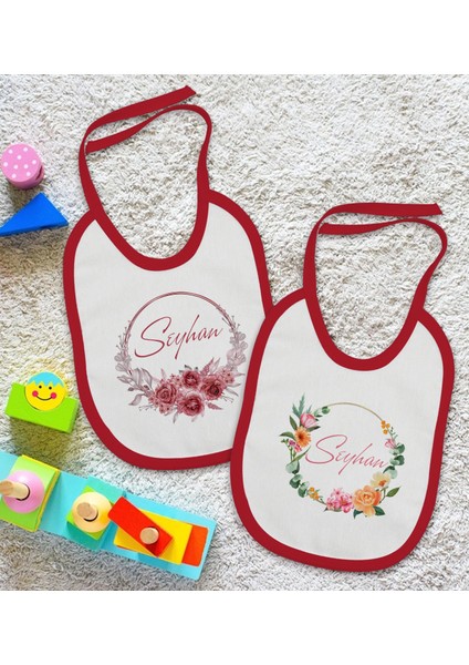 Kids Kişiye Özel Çiçek Tasarımlı 2’li Kırmızı Mama Önlüğü-1 fiyatları