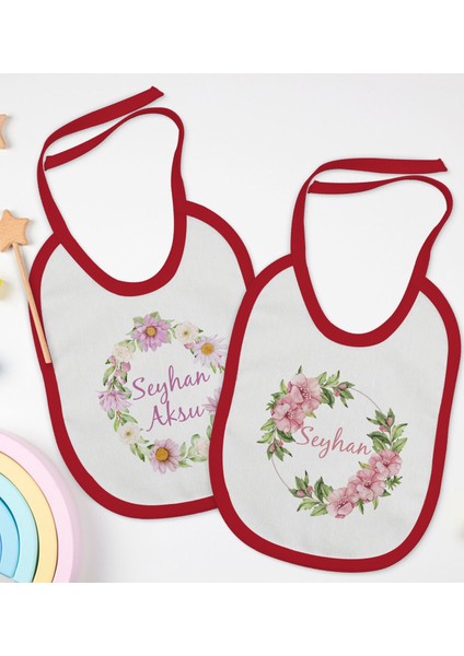 Kids Kişiye Özel Çiçek Tasarımlı 2’li Kırmızı Mama Önlüğü-4