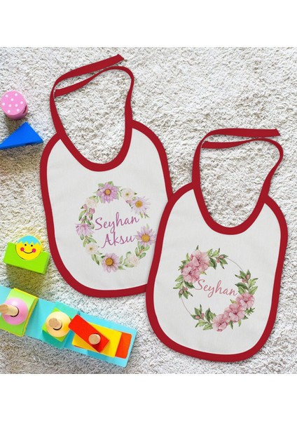 Kids Kişiye Özel Çiçek Tasarımlı 2’li Kırmızı Mama Önlüğü-4 fiyatları