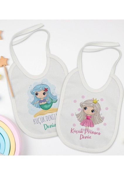 Kids Kişiye Özel Küçük Deniz Kızı ve Prenses Tasarımlı 2’li Beyaz Mama Önlüğü-1