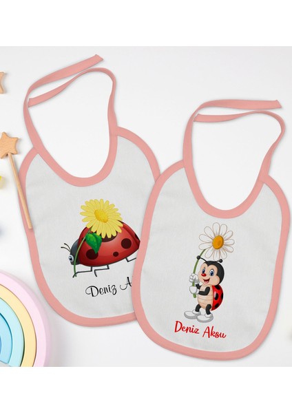 Kids Kişiye Özel Uğur Böceği Tasarımlı 2’li Pembe Mama Önlüğü-2