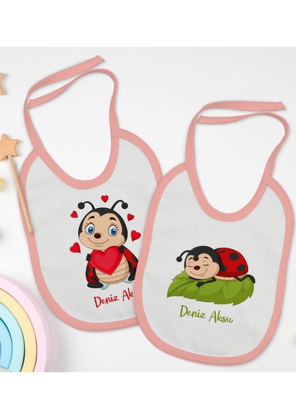 Kids Kişiye Özel Uğur Böceği Tasarımlı 2’li Pembe Mama Önlüğü-1