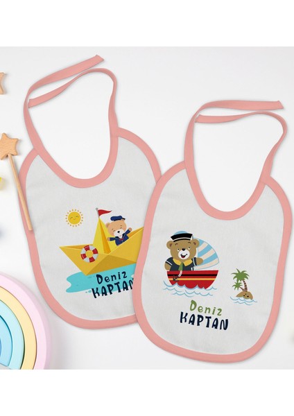 Kids Kişiye Özel Sevimli Kaptan Tasarımlı 2’li Pembe Mama Önlüğü-1