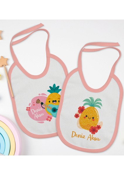 Kids Kişiye Özel Sevimli Ananas Tasarımlı 2’li Pembe Mama Önlüğü-1