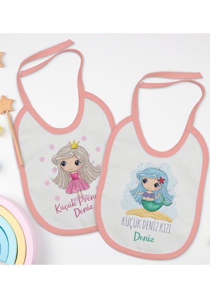 Kids Kişiye Özel Küçük Deniz Kızı ve Prenses Tasarımlı 2’li Pembe Mama Önlüğü-1