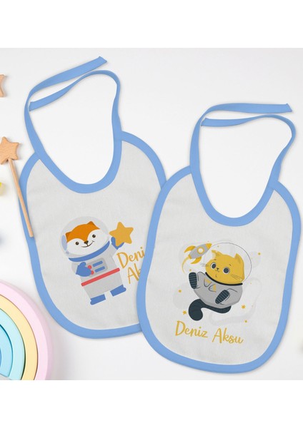 Kids Kişiye Özel Sevimli Astronot Tasarımlı 2’li Mavi Mama Önlüğü-1