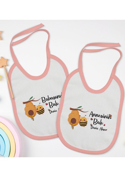 Kids Kişiye Özel Annesinin ve Babasının Balı Tasarımlı 2’li Pembe Mama Önlüğü-1