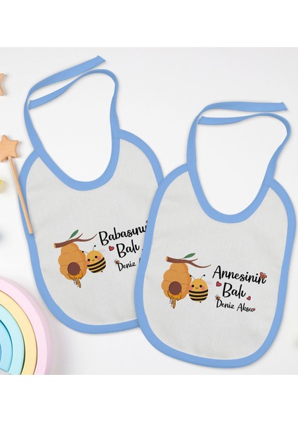 Kids Kişiye Özel Annesinin ve Babasının Balı Tasarımlı 2’li Mavi Mama Önlüğü-1