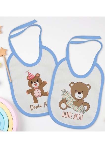 Kids Kişiye Özel Sevimli Ayı Tasarımlı 2’li Mavi Mama Önlüğü-1