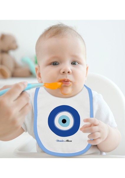 Kids Kişiye Özel Nazar Boncuğu Tasarımlı 2’li Mavi Mama Önlüğü-1 modelleri
