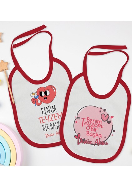 Kids Kişiye Özel Teyzem Bir Başka Tasarımlı 2’li Kırmızı Mama Önlüğü-1