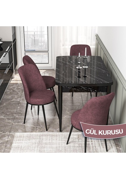 Concept Kor Serisi, Siyah Mermer Desen 70X114 Açılabilir Mutfak Masa Takımı, 4 Sandalye
