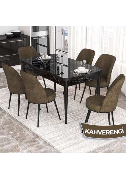 Concept Kor Serisi, Siyah Mermer Desen 70X114 Açılabilir Mutfak Masa Takımı, 6 Sandalye