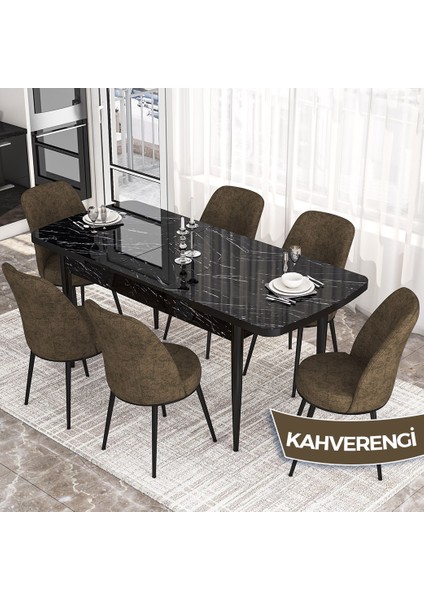 Concept Kor Serisi, Siyah Mermer Desen 70X114 Açılabilir Mutfak Masa Takımı, 6 Sandalye fiyatları