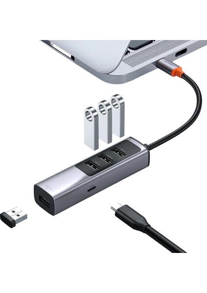 HU-1120 100W 1x Type-C + 4x USB 3.0 Çoklayıcı Adaptör - Gri