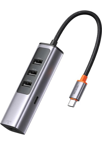 HU-1120 100W 1x Type-C + 4x USB 3.0 Çoklayıcı Adaptör - Gri