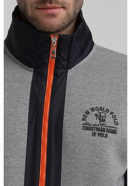 New World Polo Dik Yaka Gri Slim Fit Fermuarlı Sweatshirt 22FWM64038