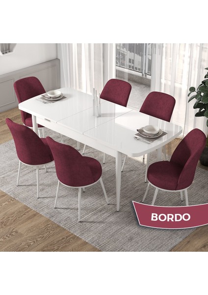 Concept Kor Serisi, Beyaz 70X114 Açılabilir Mutfak Masa Takımı, 6 Sandalye