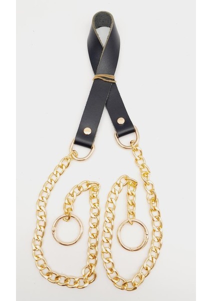 Tek Kat Deri 2 cm Siyah Light Gold Zincirli Çanta Sapı