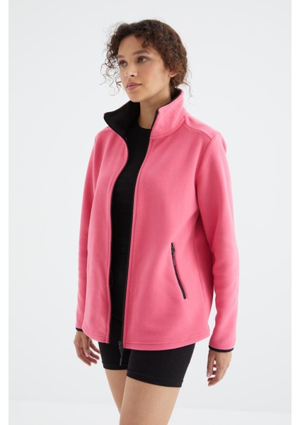 Fuşya Dik Yaka Fermuarlı Rahat Form Kadın Polar Sweatshirt - 97173 modelleri