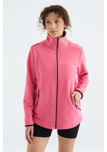 Fuşya Dik Yaka Fermuarlı Rahat Form Kadın Polar Sweatshirt - 97173