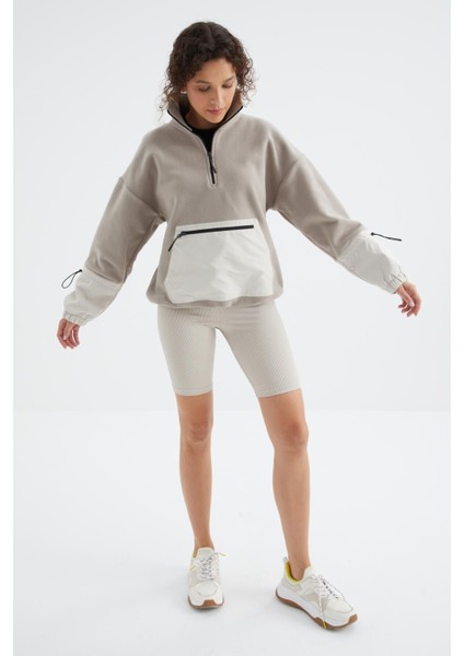 Koyu Bej Etek Ucu Büzgülü Yarım Fermuarlı Oversize Kadın Polar Sweatshirt - 97238 fiyatları