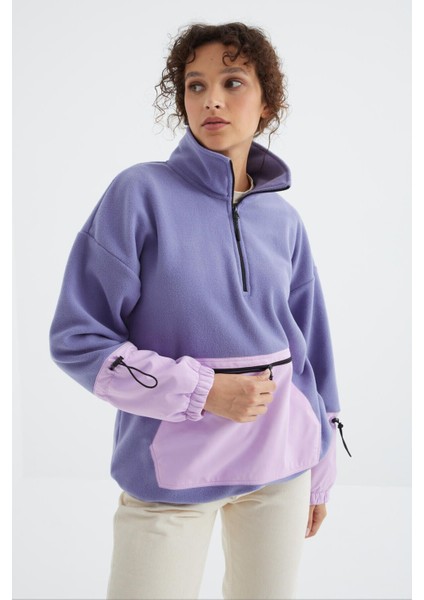 Açık Eflatun Etek Ucu Büzgülü Yarım Fermuarlı Oversize Kadın Polar Sweatshirt - 97238