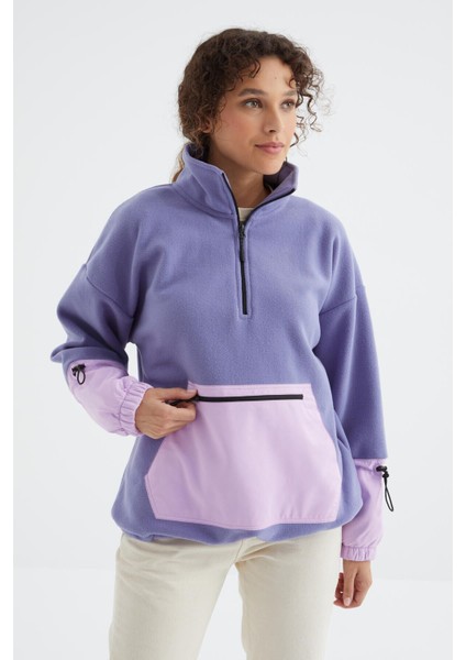 Açık Eflatun Etek Ucu Büzgülü Yarım Fermuarlı Oversize Kadın Polar Sweatshirt - 97238 indirimleri