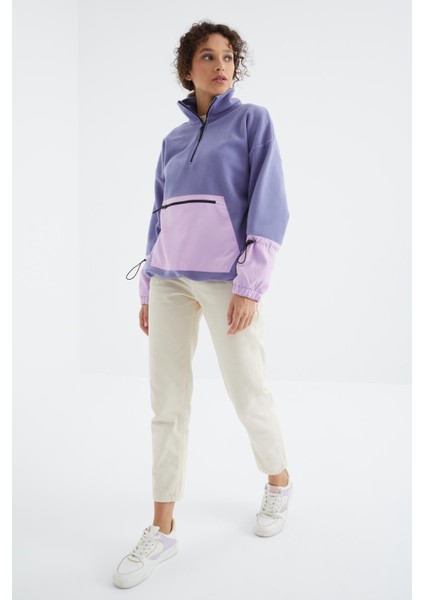Açık Eflatun Etek Ucu Büzgülü Yarım Fermuarlı Oversize Kadın Polar Sweatshirt - 97238 fiyatları