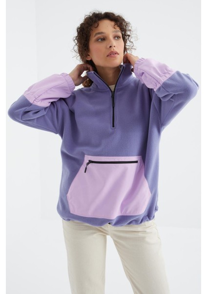 Açık Eflatun Etek Ucu Büzgülü Yarım Fermuarlı Oversize Kadın Polar Sweatshirt - 97238 modelleri