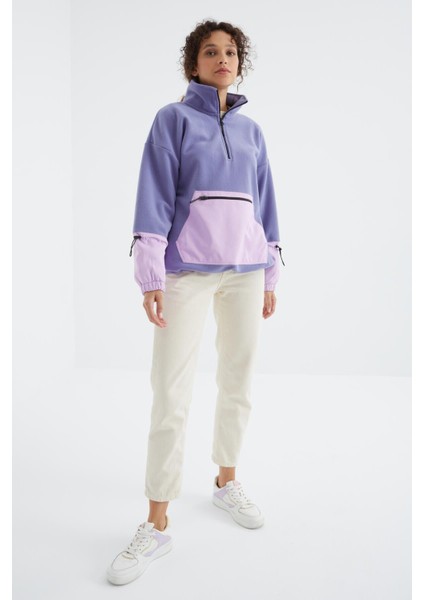 Açık Eflatun Etek Ucu Büzgülü Yarım Fermuarlı Oversize Kadın Polar Sweatshirt - 97238 fırsatları
