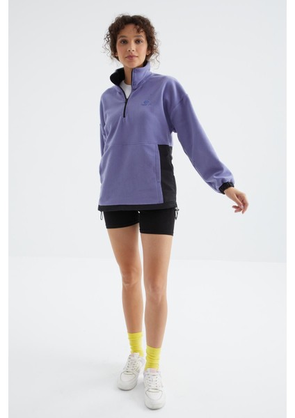 Açık Eflatun Yarım Fermuar Etek Ucu Büzgülü Dik Yaka Oversize Kadın Polar Sweatshirt - 97236 fiyatları