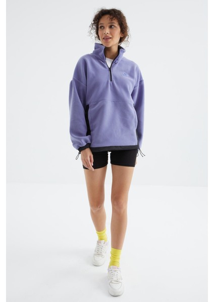 Açık Eflatun Yarım Fermuar Etek Ucu Büzgülü Dik Yaka Oversize Kadın Polar Sweatshirt - 97236 fırsatları