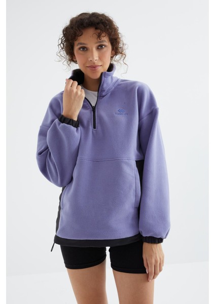 Açık Eflatun Yarım Fermuar Etek Ucu Büzgülü Dik Yaka Oversize Kadın Polar Sweatshirt - 97236 indirimleri