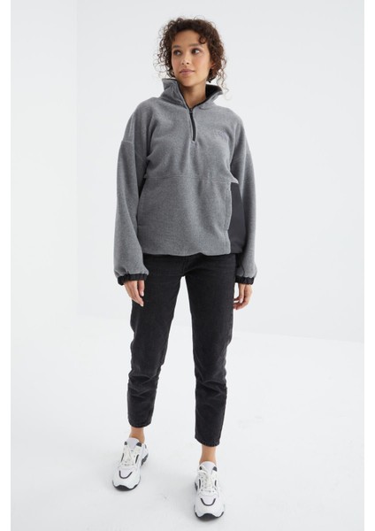 Gri Melanj Yarım Fermuar Etek Ucu Büzgülü Dik Yaka Oversize Kadın Polar Sweatshirt - 97236 fiyatları