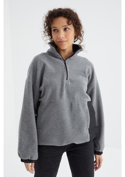 Gri Melanj Yarım Fermuar Etek Ucu Büzgülü Dik Yaka Oversize Kadın Polar Sweatshirt - 97236 modelleri