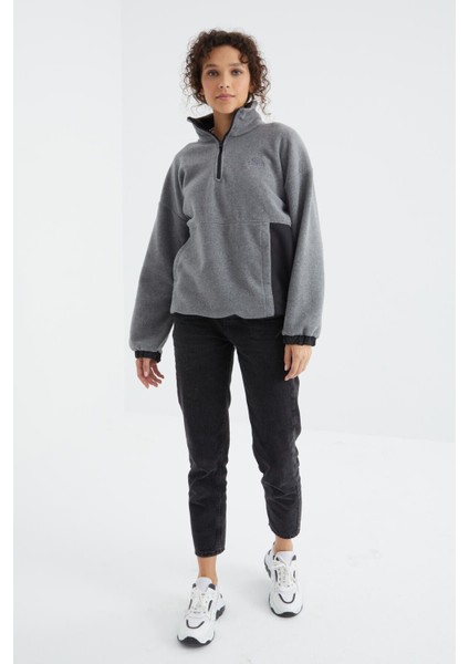 Gri Melanj Yarım Fermuar Etek Ucu Büzgülü Dik Yaka Oversize Kadın Polar Sweatshirt - 97236 fırsatları