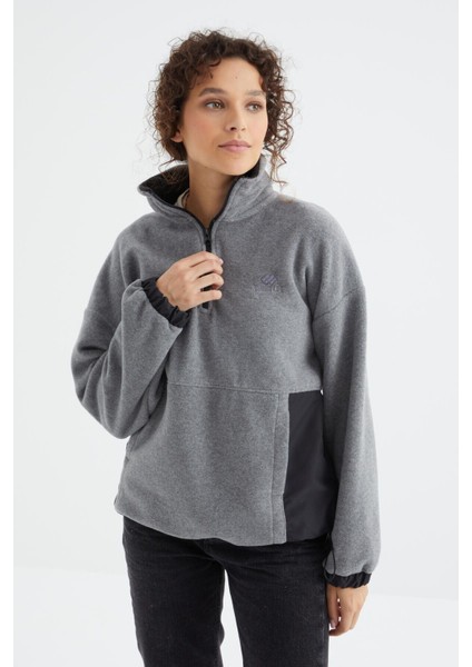 Gri Melanj Yarım Fermuar Etek Ucu Büzgülü Dik Yaka Oversize Kadın Polar Sweatshirt - 97236 indirimleri