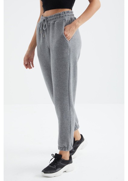 Gri Melanj Yüksek Bel Basic Bağcıklı Jogger Polar Kadın Eşofman Alt - 94622