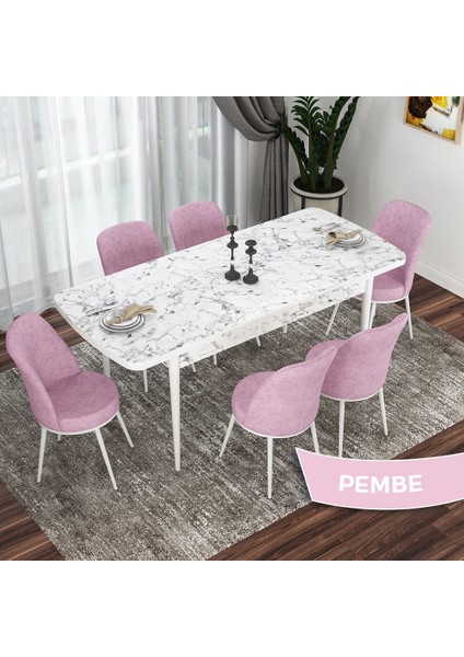 Concept Kor Serisi, Beyaz Mermer Desen 70X114 Açılabilir Mutfak Masası Takımı, 6 Sandalye